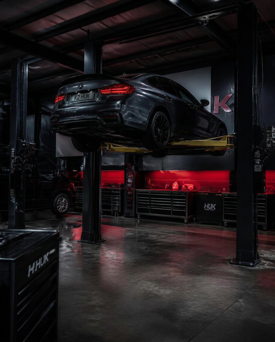 Car raised on a two-post hoist in a dark workshop